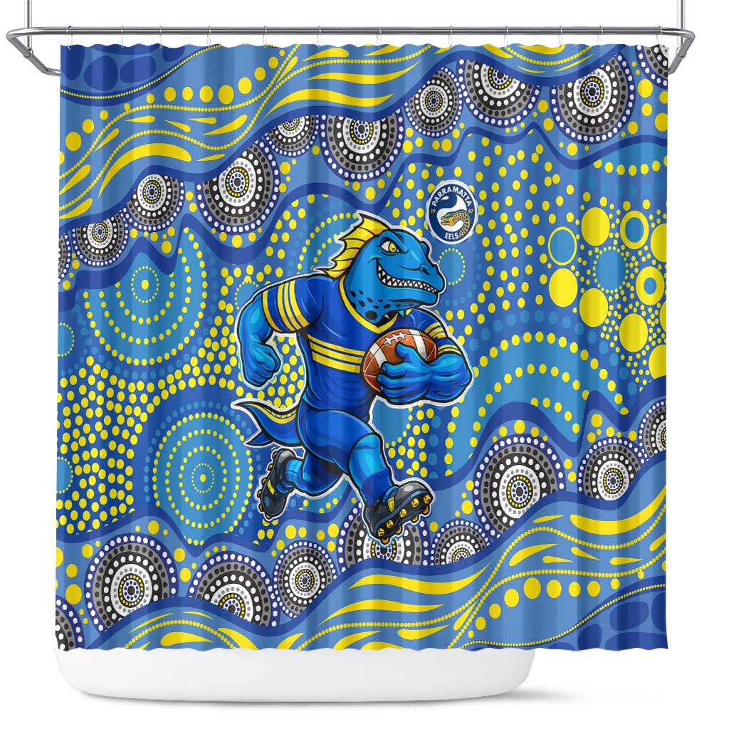 Parramatta Eels Shower Curtain Aboriginal Dot Pattern - Rugby Mascot Heritage Pride
