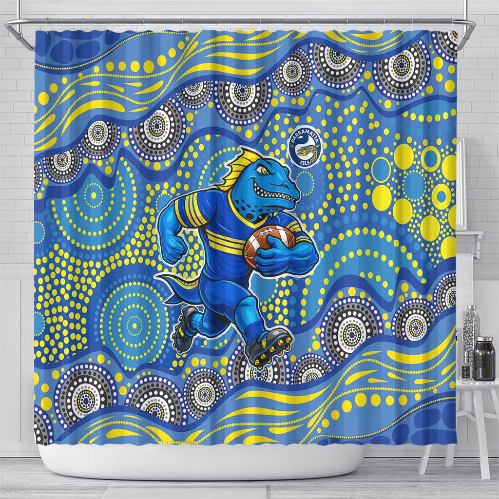 Parramatta Eels Shower Curtain Aboriginal Dot Pattern - Rugby Mascot Heritage Pride