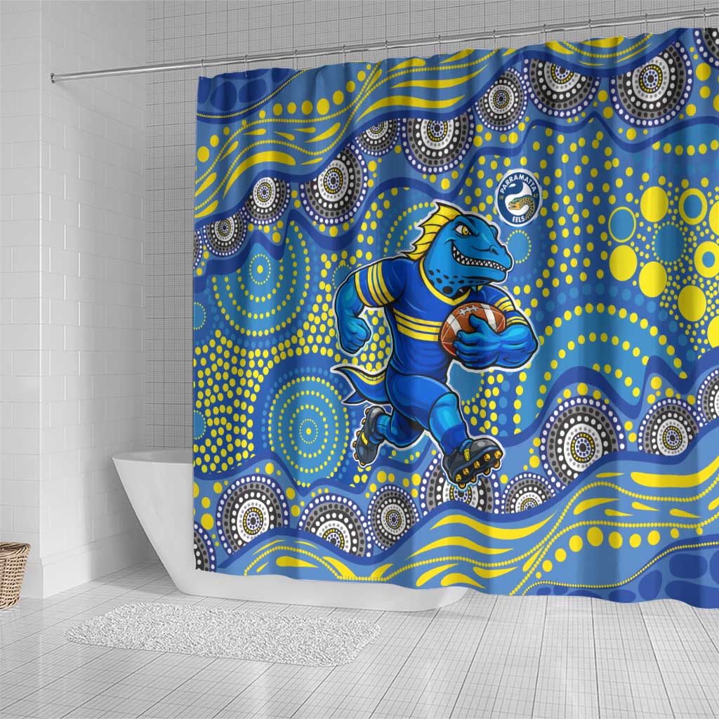 Parramatta Eels Shower Curtain Aboriginal Dot Pattern - Rugby Mascot Heritage Pride