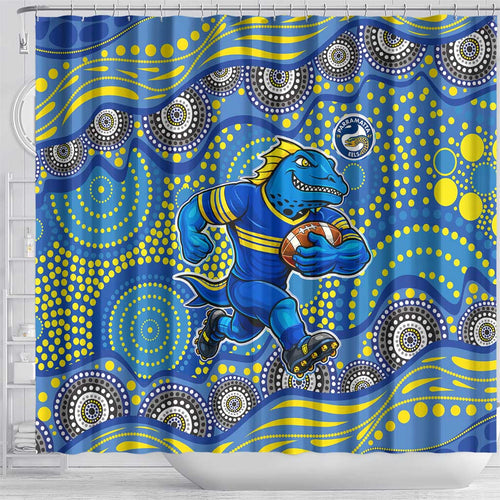 Parramatta Eels Shower Curtain Aboriginal Dot Pattern - Rugby Mascot Heritage Pride