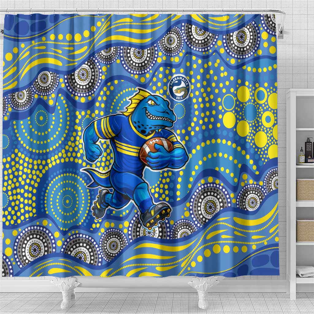 Parramatta Eels Shower Curtain Aboriginal Dot Pattern - Rugby Mascot Heritage Pride
