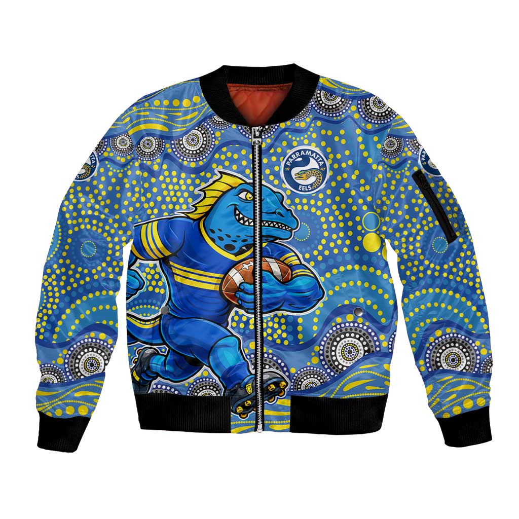 Parramatta Eels Sleeve Zip Bomber Jacket Aboriginal Dot Pattern - Rugby Mascot Heritage Pride