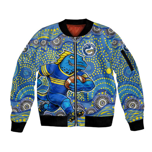 Parramatta Eels Sleeve Zip Bomber Jacket Aboriginal Dot Pattern - Rugby Mascot Heritage Pride