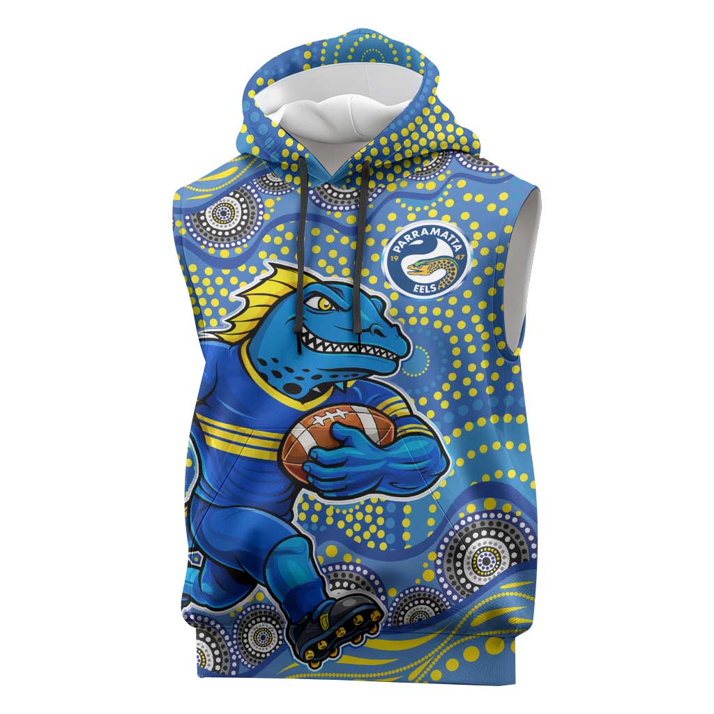 Parramatta Eels Sleeveless Hoodie Aboriginal Dot Pattern - Rugby Mascot Heritage Pride