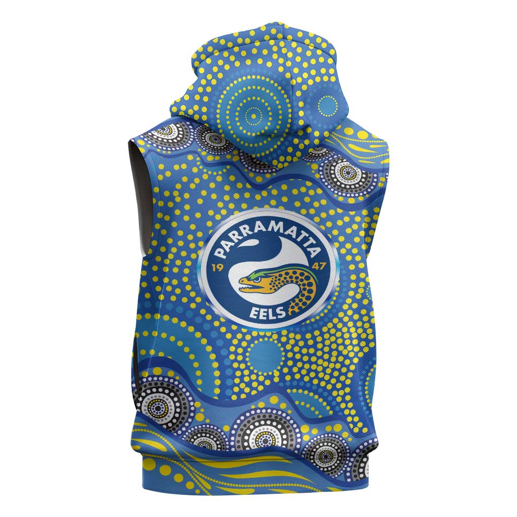Parramatta Eels Sleeveless Hoodie Aboriginal Dot Pattern - Rugby Mascot Heritage Pride