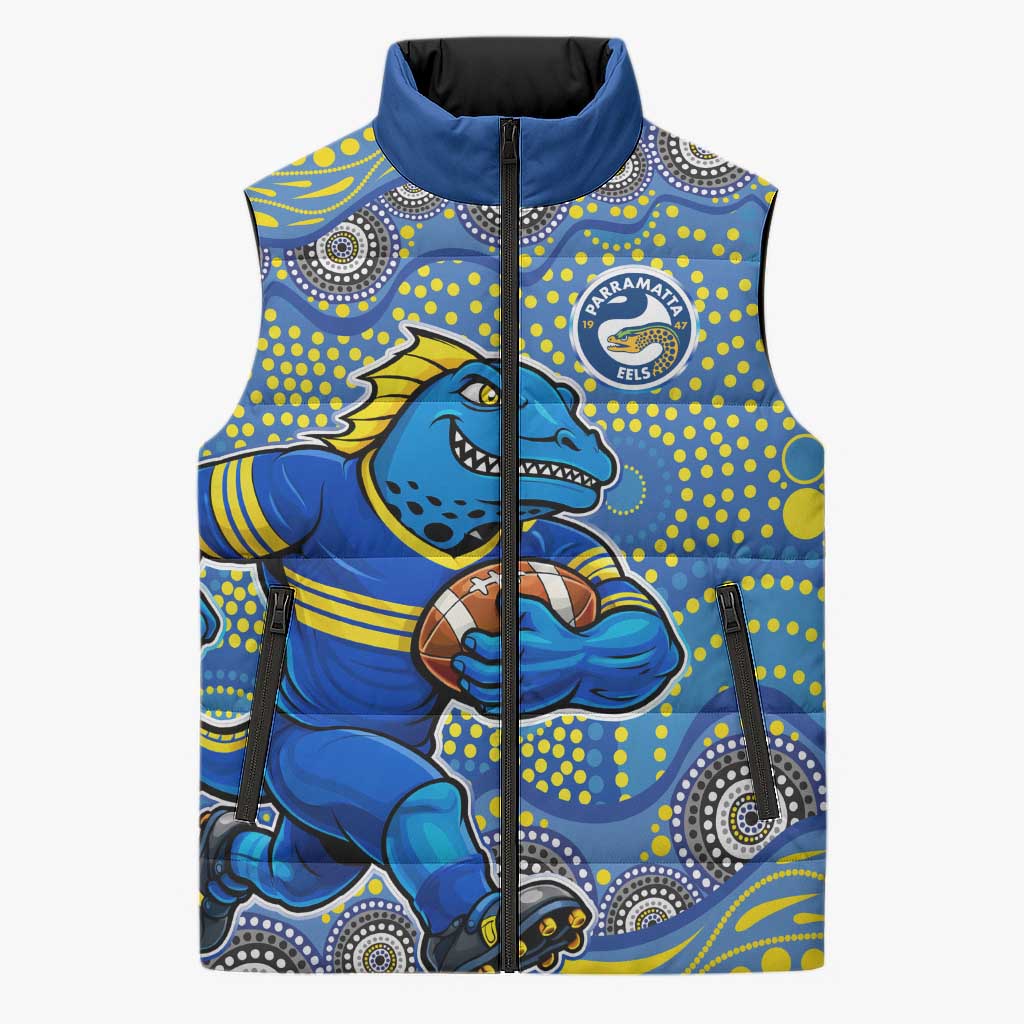 Parramatta Eels Sleeveless Puffer Jacket Aboriginal Dot Pattern - Rugby Mascot Heritage Pride
