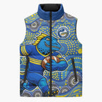 Parramatta Eels Sleeveless Puffer Jacket Aboriginal Dot Pattern - Rugby Mascot Heritage Pride