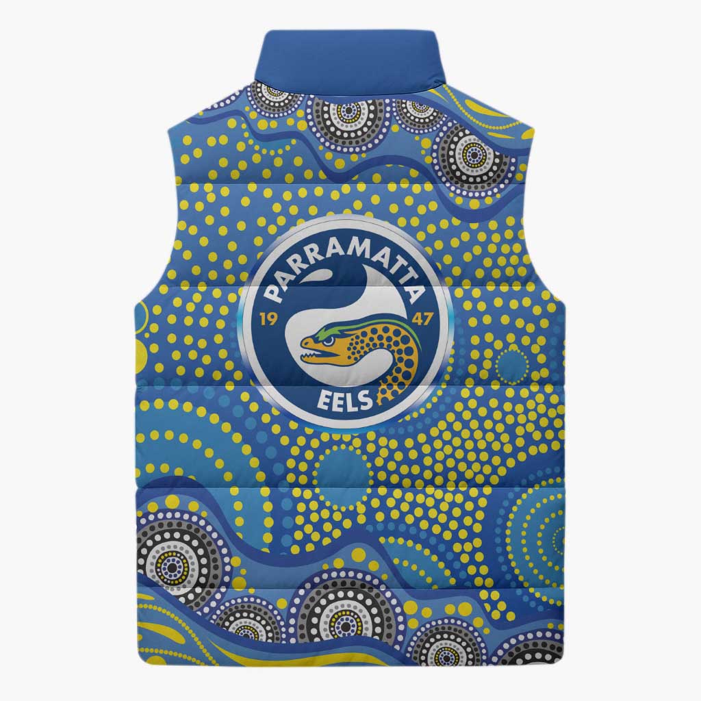 Parramatta Eels Sleeveless Puffer Jacket Aboriginal Dot Pattern - Rugby Mascot Heritage Pride