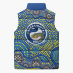 Parramatta Eels Sleeveless Puffer Jacket Aboriginal Dot Pattern - Rugby Mascot Heritage Pride