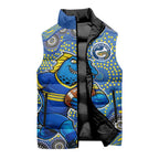 Parramatta Eels Sleeveless Puffer Jacket Aboriginal Dot Pattern - Rugby Mascot Heritage Pride
