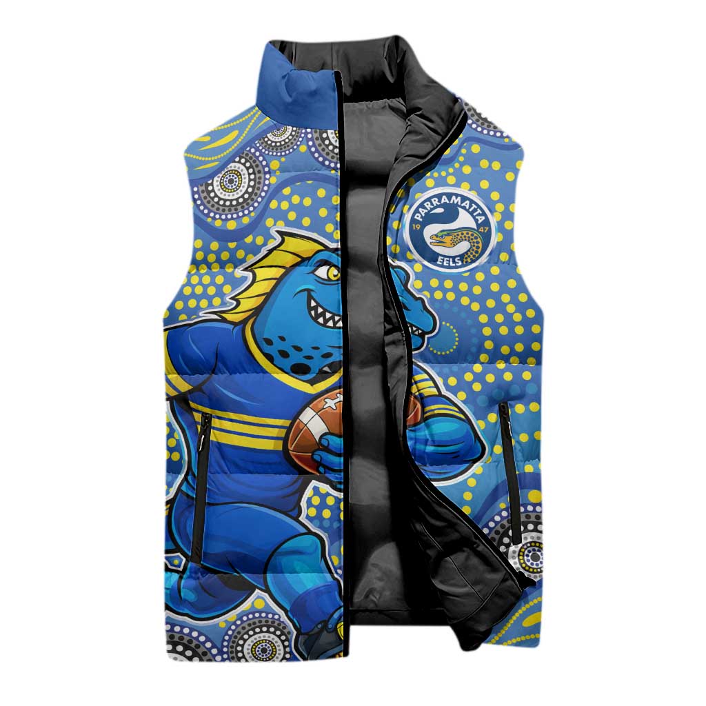 Parramatta Eels Sleeveless Puffer Jacket Aboriginal Dot Pattern - Rugby Mascot Heritage Pride