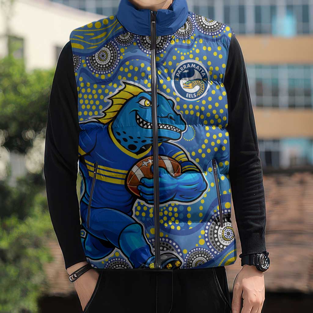 Parramatta Eels Sleeveless Puffer Jacket Aboriginal Dot Pattern - Rugby Mascot Heritage Pride