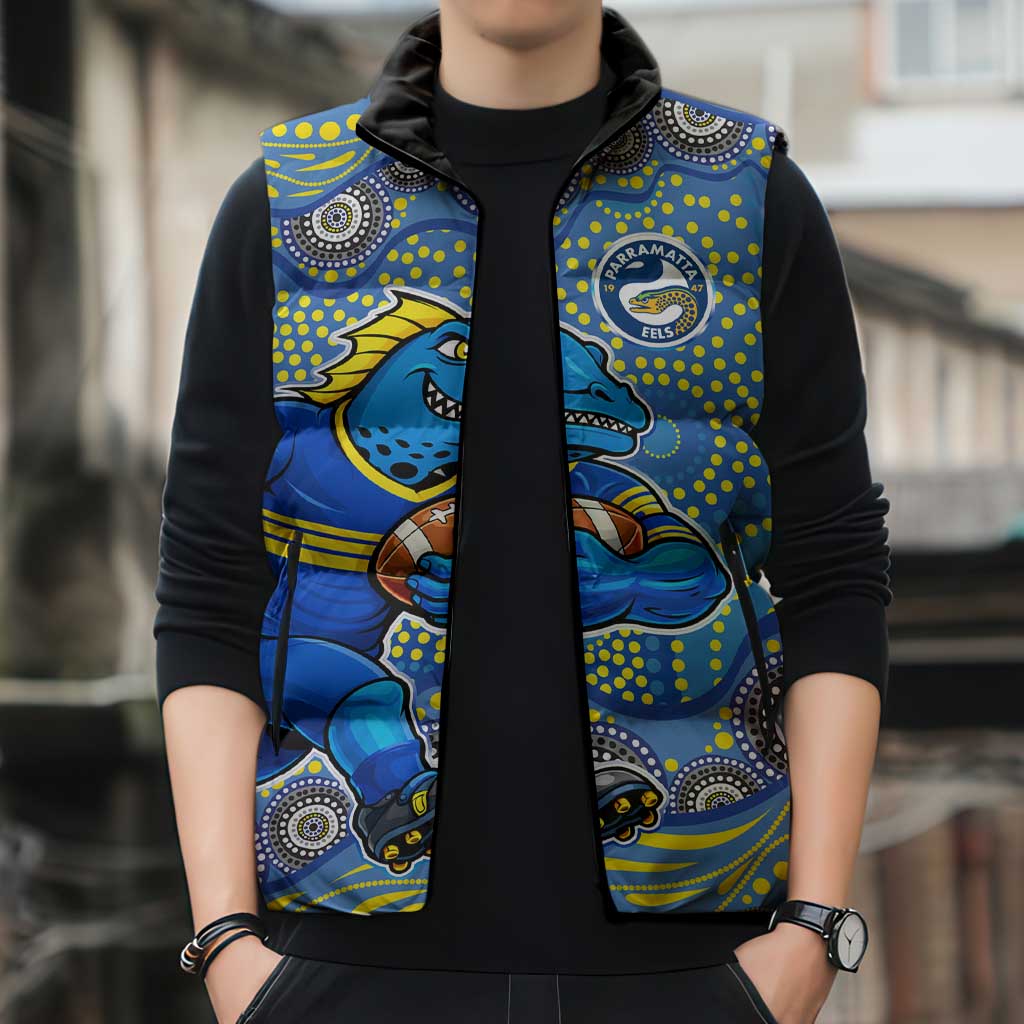 Parramatta Eels Sleeveless Puffer Jacket Aboriginal Dot Pattern - Rugby Mascot Heritage Pride