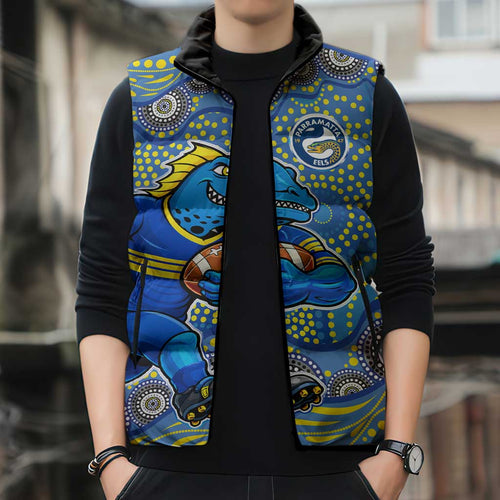 Parramatta Eels Sleeveless Puffer Jacket Aboriginal Dot Pattern - Rugby Mascot Heritage Pride