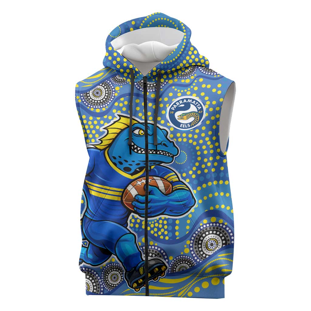 Parramatta Eels Sleeveless Zip Hoodie Aboriginal Dot Pattern - Rugby Mascot Heritage Pride