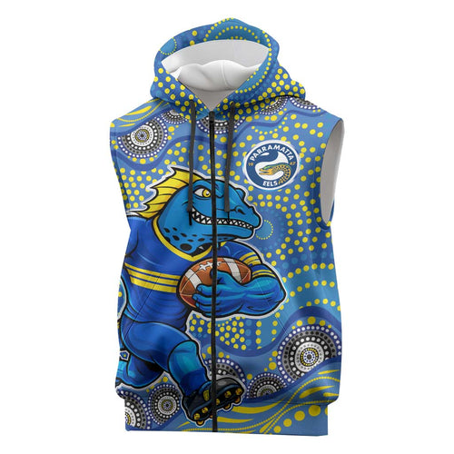 Parramatta Eels Sleeveless Zip Hoodie Aboriginal Dot Pattern - Rugby Mascot Heritage Pride