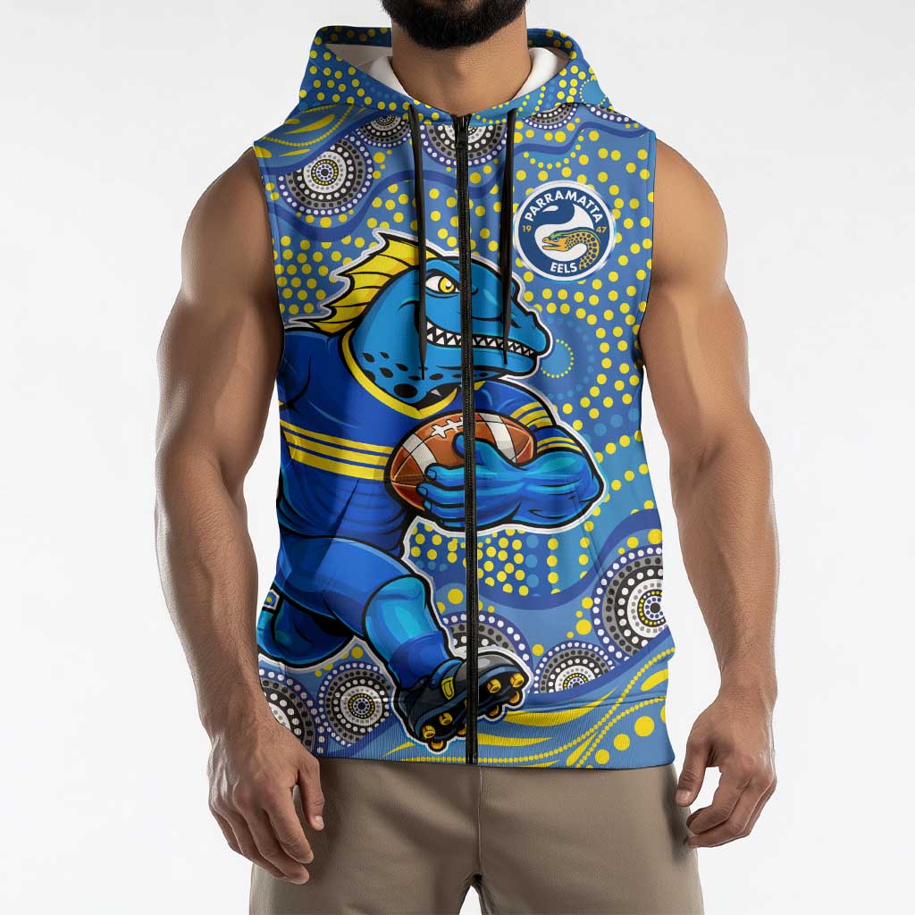 Parramatta Eels Sleeveless Zip Hoodie Aboriginal Dot Pattern - Rugby Mascot Heritage Pride