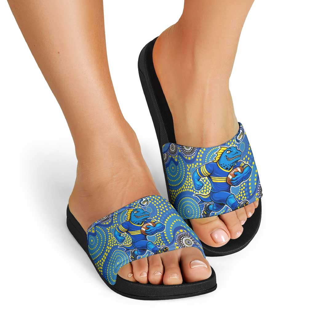 Parramatta Eels Slide Sandals Aboriginal Dot Pattern - Rugby Mascot Heritage Pride