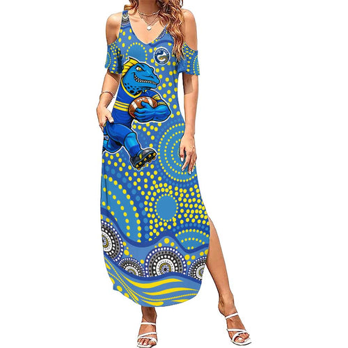 Parramatta Eels Summer Maxi Dress Aboriginal Dot Pattern - Rugby Mascot Heritage Pride