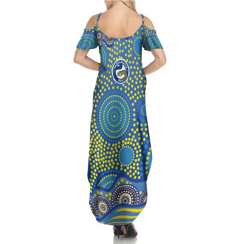 Parramatta Eels Summer Maxi Dress Aboriginal Dot Pattern - Rugby Mascot Heritage Pride