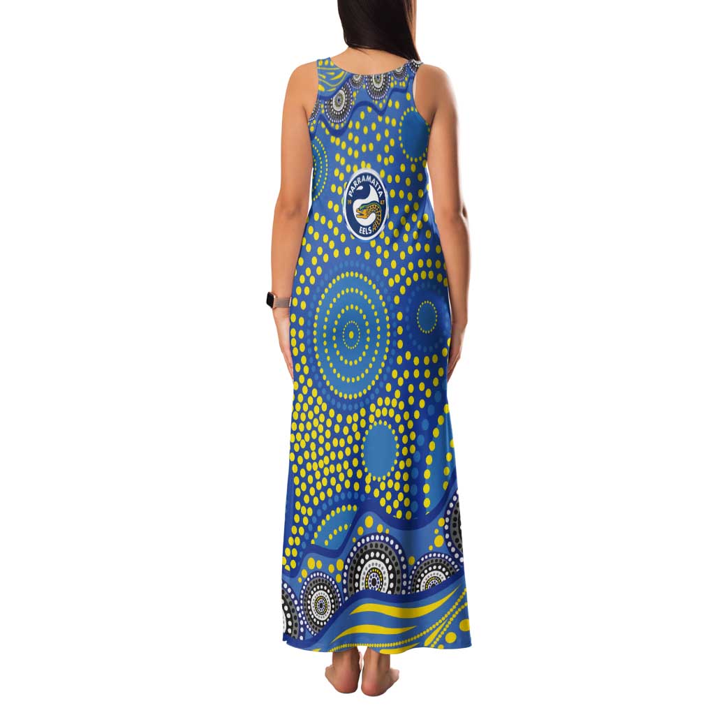 Parramatta Eels Tank Maxi Dress Aboriginal Dot Pattern - Rugby Mascot Heritage Pride