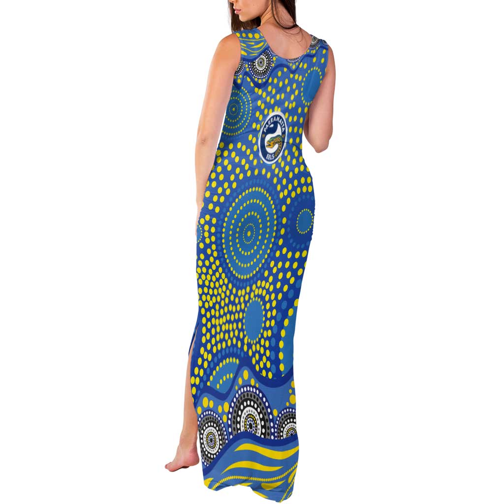 Parramatta Eels Tank Maxi Dress Aboriginal Dot Pattern - Rugby Mascot Heritage Pride