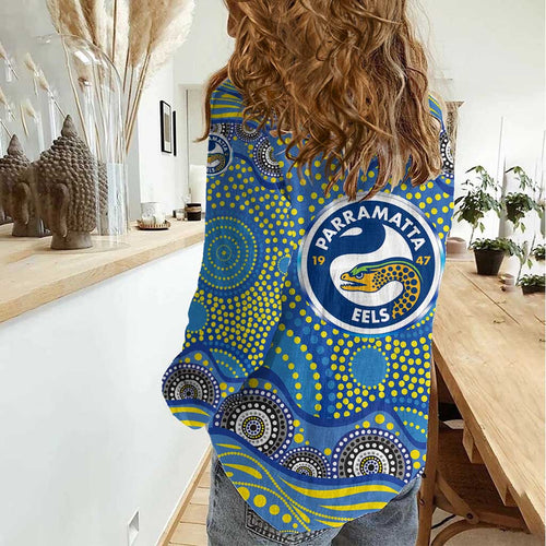 Parramatta Eels Women Casual Shirt Aboriginal Dot Pattern - Rugby Mascot Heritage Pride