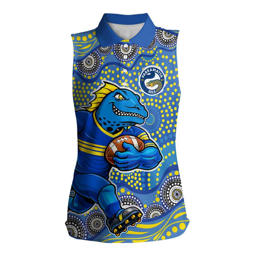 Parramatta Eels Women Sleeveless Polo Shirt Aboriginal Dot Pattern - Rugby Mascot Heritage Pride