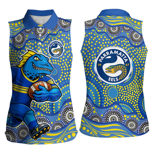 Parramatta Eels Women Sleeveless Polo Shirt Aboriginal Dot Pattern - Rugby Mascot Heritage Pride