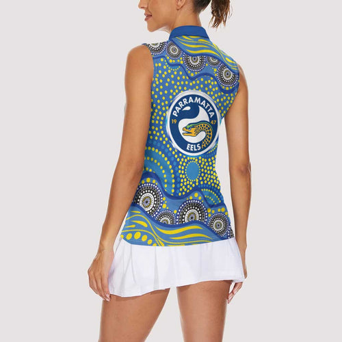 Parramatta Eels Women Sleeveless Polo Shirt Aboriginal Dot Pattern - Rugby Mascot Heritage Pride