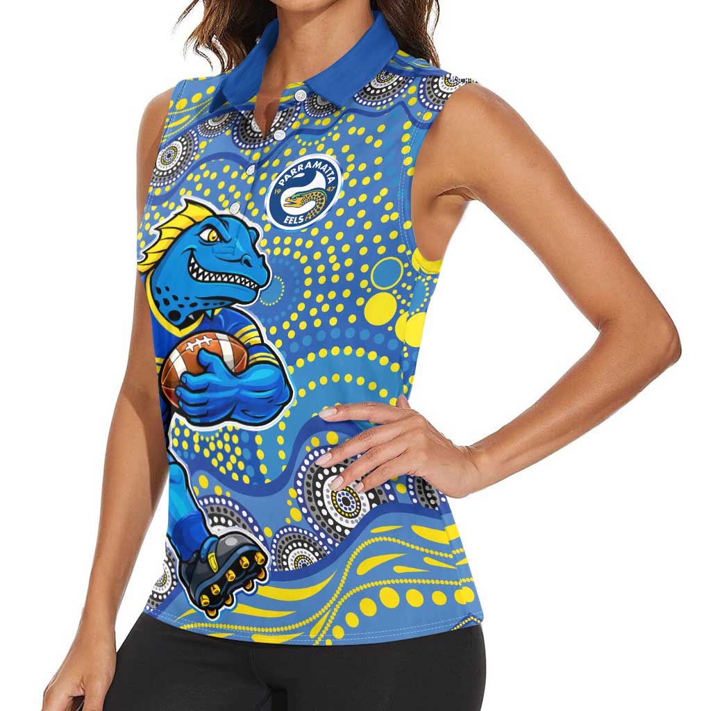 Parramatta Eels Women Sleeveless Polo Shirt Aboriginal Dot Pattern - Rugby Mascot Heritage Pride