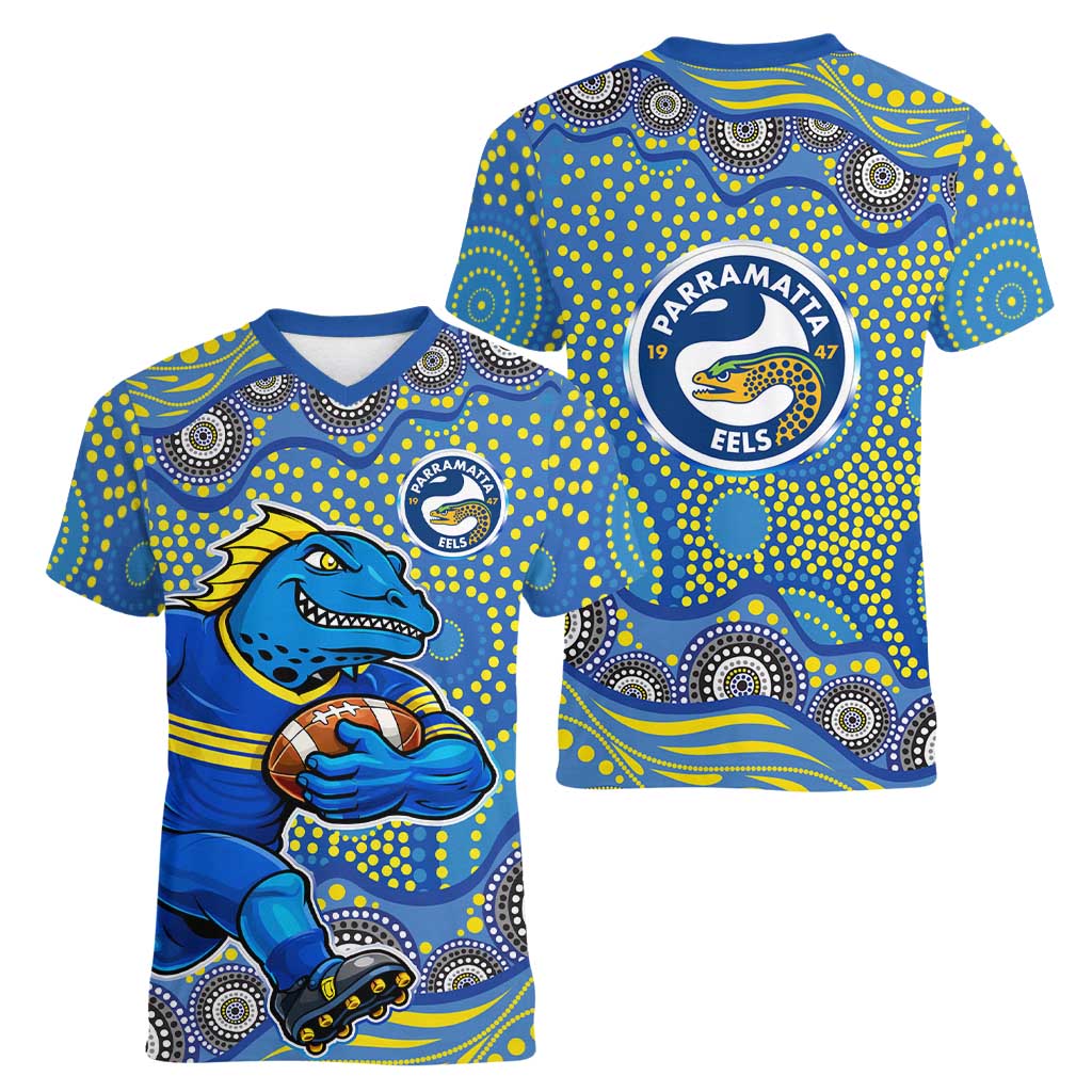 Parramatta Eels Women V-Neck T-Shirt Aboriginal Dot Pattern - Rugby Mascot Heritage Pride