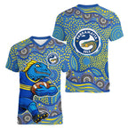 Parramatta Eels Women V-Neck T-Shirt Aboriginal Dot Pattern - Rugby Mascot Heritage Pride