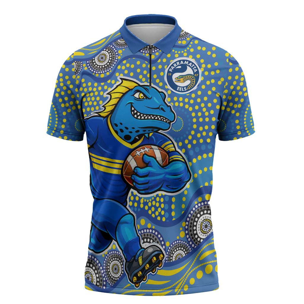 Parramatta Eels Zipper Polo Shirt Aboriginal Dot Pattern - Rugby Mascot Heritage Pride