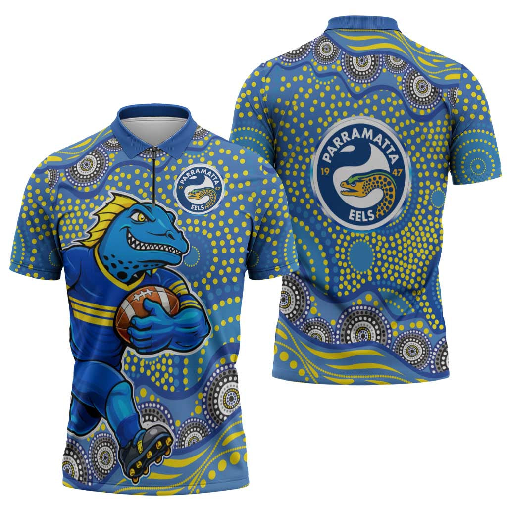 Parramatta Eels Zipper Polo Shirt Aboriginal Dot Pattern - Rugby Mascot Heritage Pride