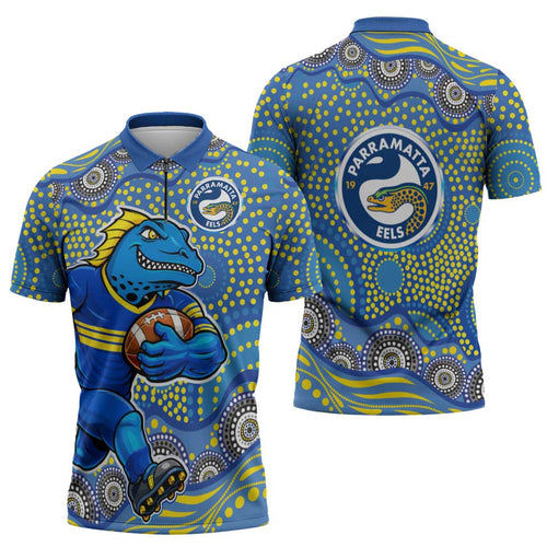 Parramatta Eels Zipper Polo Shirt Aboriginal Dot Pattern - Rugby Mascot Heritage Pride