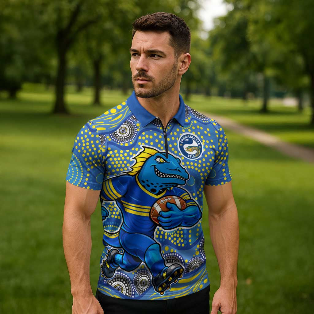 Parramatta Eels Zipper Polo Shirt Aboriginal Dot Pattern - Rugby Mascot Heritage Pride