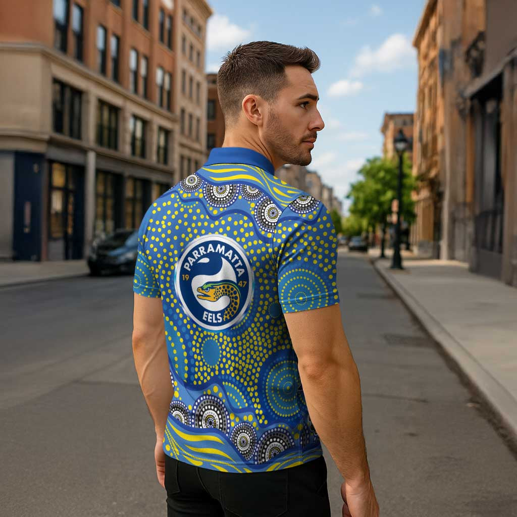 Parramatta Eels Zipper Polo Shirt Aboriginal Dot Pattern - Rugby Mascot Heritage Pride