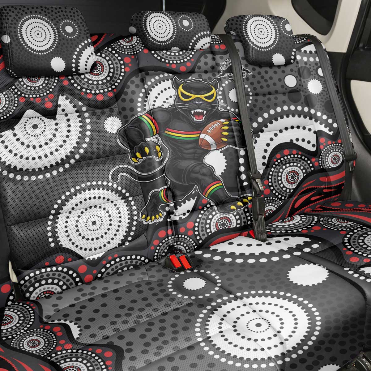 Penrith Panthers Back Car Seat Cover Aboriginal Dot Pattern - Rugby Mascot Heritage Pride