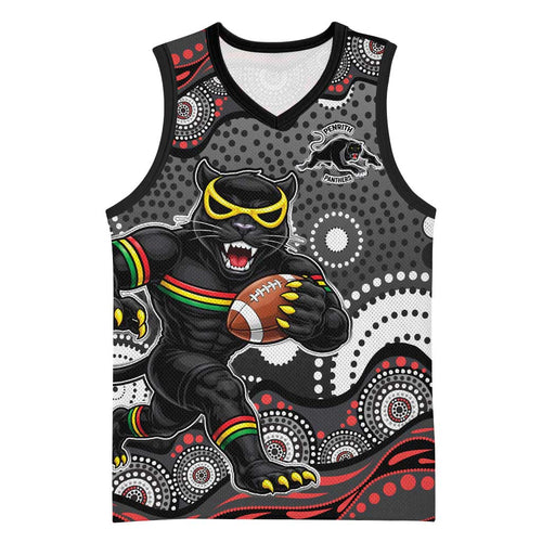 Penrith Panthers Basketball Jersey Aboriginal Dot Pattern - Rugby Mascot Heritage Pride