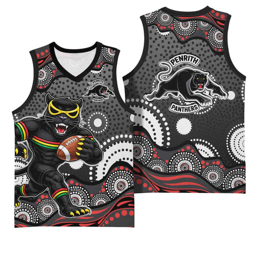 Penrith Panthers Basketball Jersey Aboriginal Dot Pattern - Rugby Mascot Heritage Pride