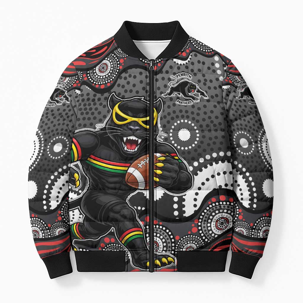 Penrith Panthers Bomber Puffer Jacket Aboriginal Dot Pattern - Rugby Mascot Heritage Pride