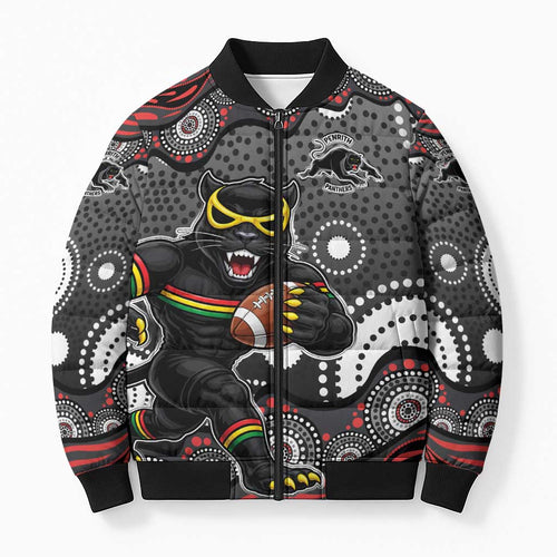 Penrith Panthers Bomber Puffer Jacket Aboriginal Dot Pattern - Rugby Mascot Heritage Pride