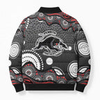 Penrith Panthers Bomber Puffer Jacket Aboriginal Dot Pattern - Rugby Mascot Heritage Pride