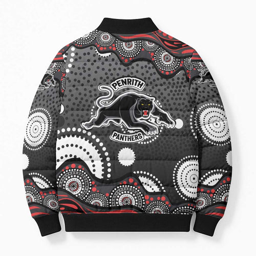 Penrith Panthers Bomber Puffer Jacket Aboriginal Dot Pattern - Rugby Mascot Heritage Pride