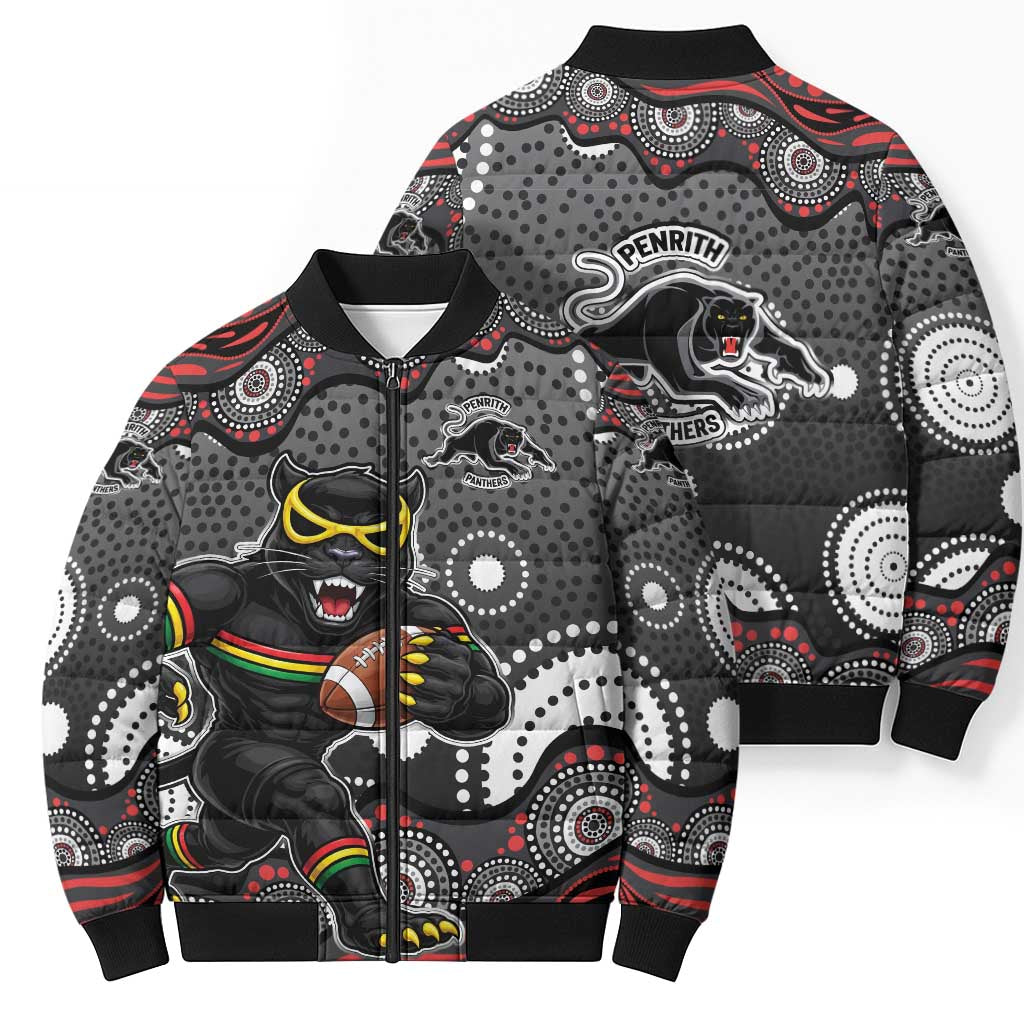 Penrith Panthers Bomber Puffer Jacket Aboriginal Dot Pattern - Rugby Mascot Heritage Pride