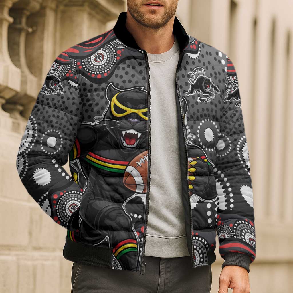 Penrith Panthers Bomber Puffer Jacket Aboriginal Dot Pattern - Rugby Mascot Heritage Pride