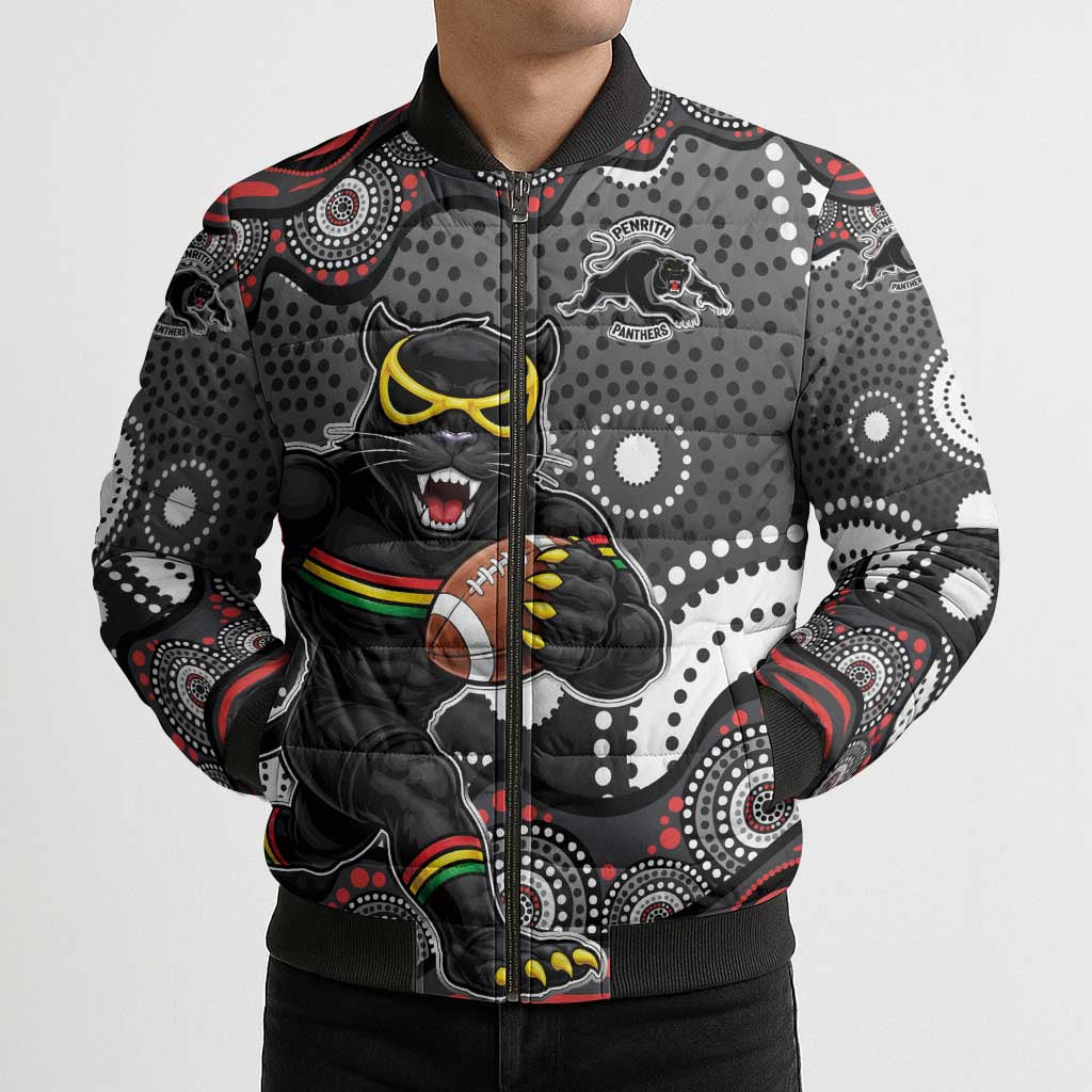 Penrith Panthers Bomber Puffer Jacket Aboriginal Dot Pattern - Rugby Mascot Heritage Pride