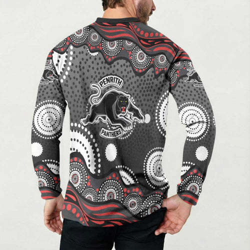 Penrith Panthers Button Sweatshirt Aboriginal Dot Pattern - Rugby Mascot Heritage Pride