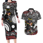 Penrith Panthers Couples Matching Long Sleeve Bodycon Dress and Hawaiian Shirt Aboriginal Dot Pattern - Rugby Mascot Heritage Pride